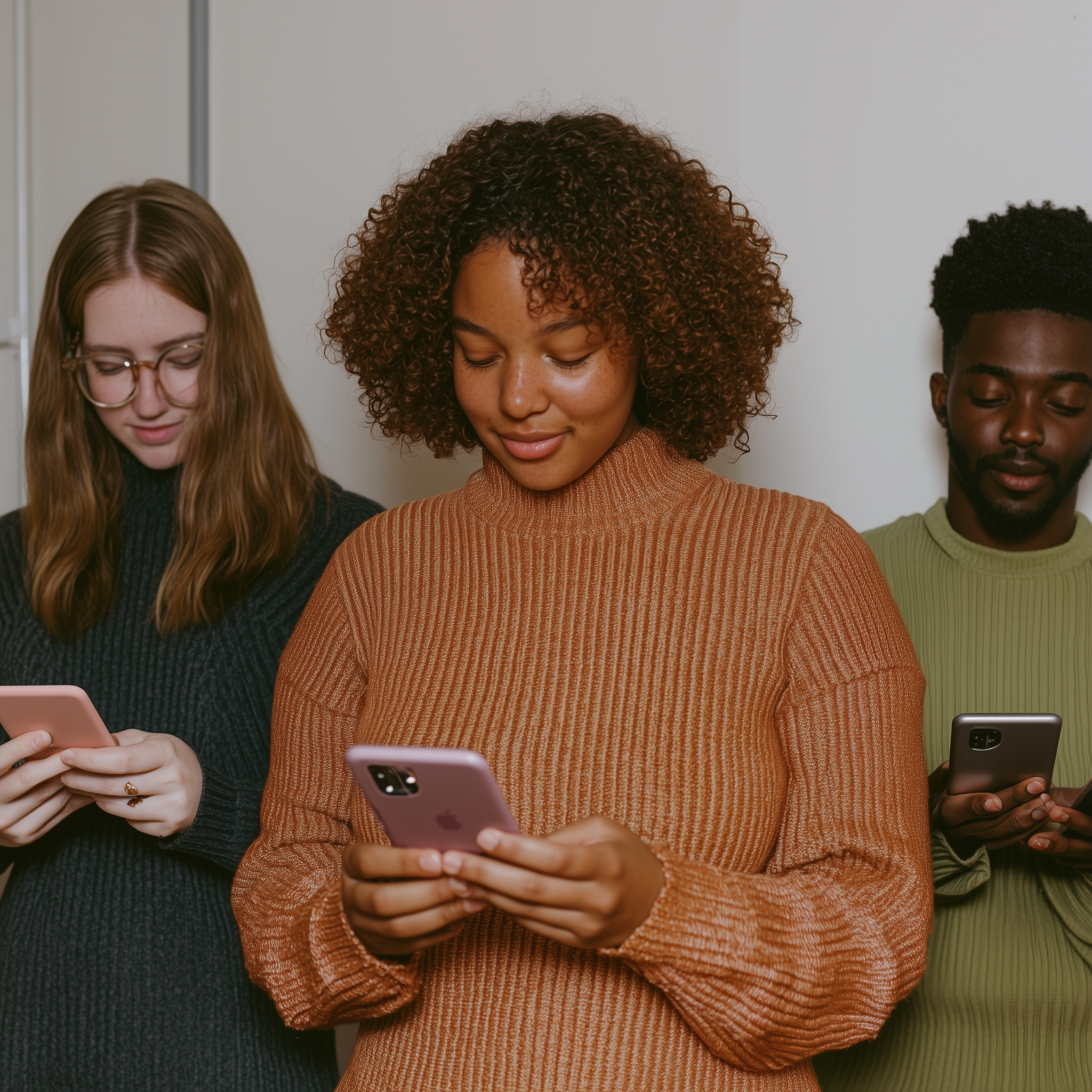 Three people wearing cozy sweaters checking their phones - one in a black sweater with glasses, one in a burnt orange sweater with curly hair, and one in an olive green sweater.