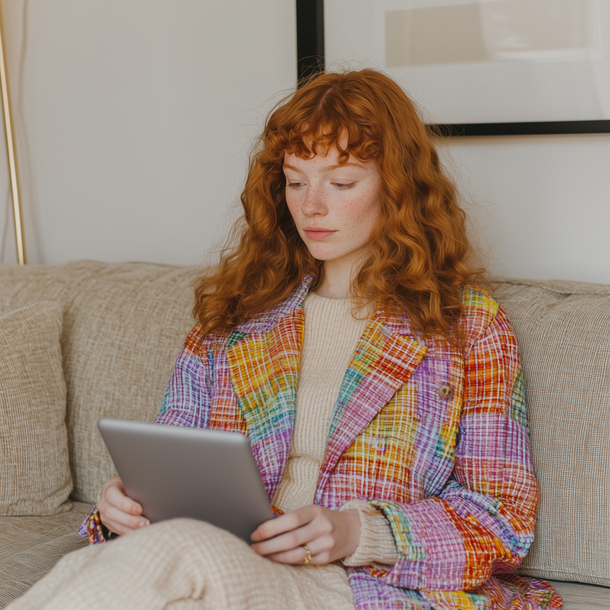 A young woman with red curly hair sits on a beige couch, focused on a tablet, wearing a colorful plaid jacket over a neutral-toned sweater.