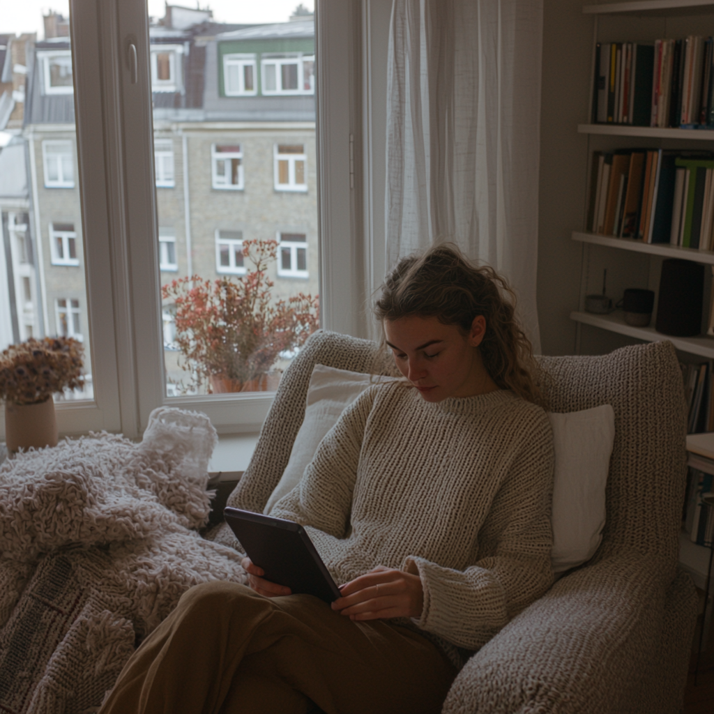 A woman in a cozy beige sweater sits in a softly lit room, reading on a tablet near a large window with an urban view.