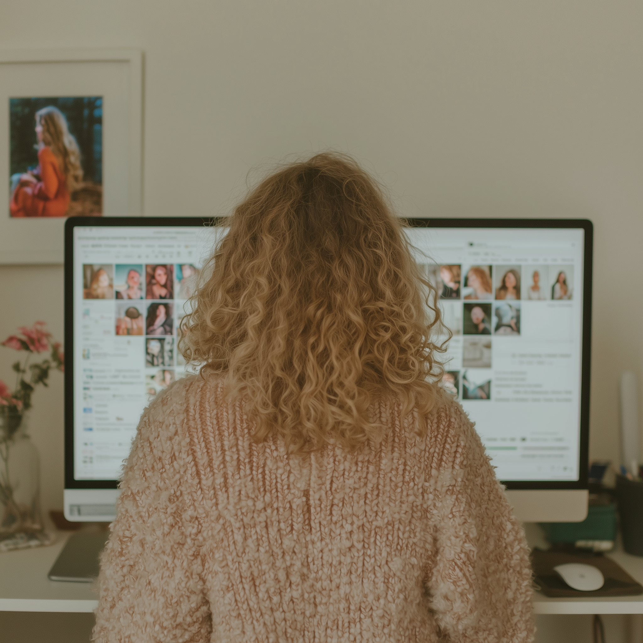 A woman with curly blonde hair wearing a cozy sweater sits at a desk, analyzing images and content on a dual-monitor computer setup.